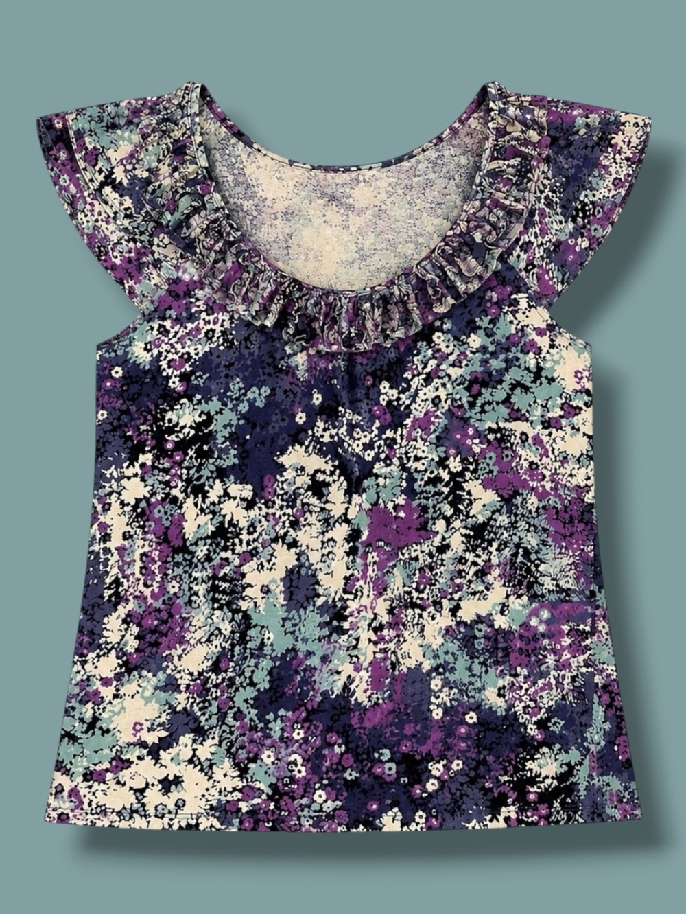 Vintage Anthropologie Odille Blouse Purple Blue Floral Ruffle Cap Sleeve Y2K L